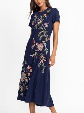 Johnny Was blue short sleeve crew neck Julianna swing dress